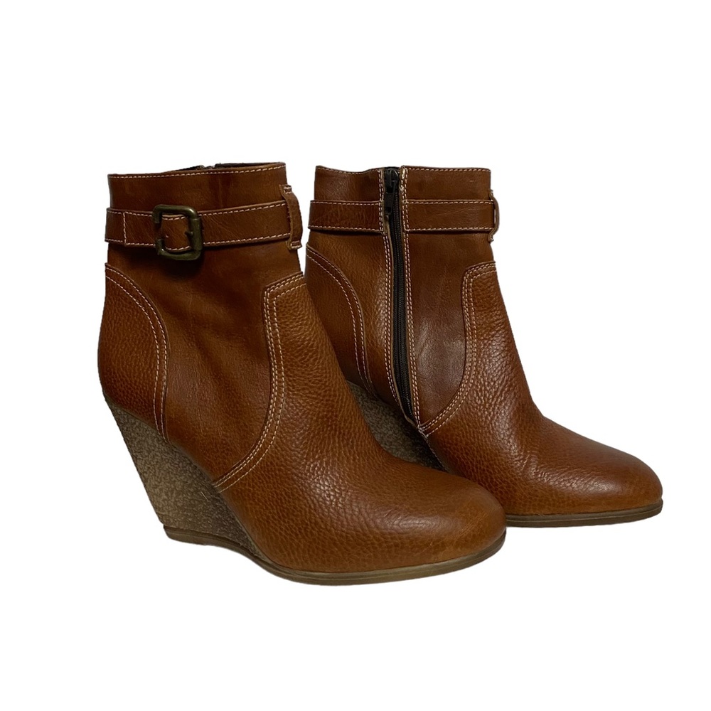 Italian Nara Shoes Leather Wedge Winter Break Casual Chic Bootie Cognac Brown